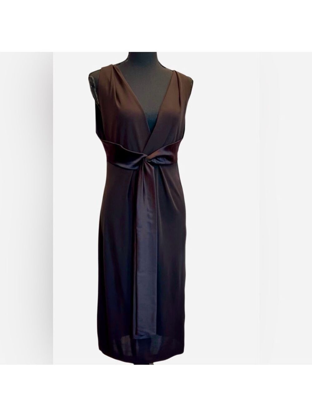Rozae Nichols Chocolate Brown silk sleeveless V-neck midi dress Sz M formal